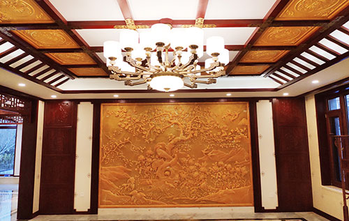 大田中式别墅客厅中式木作横梁吊顶装饰展示